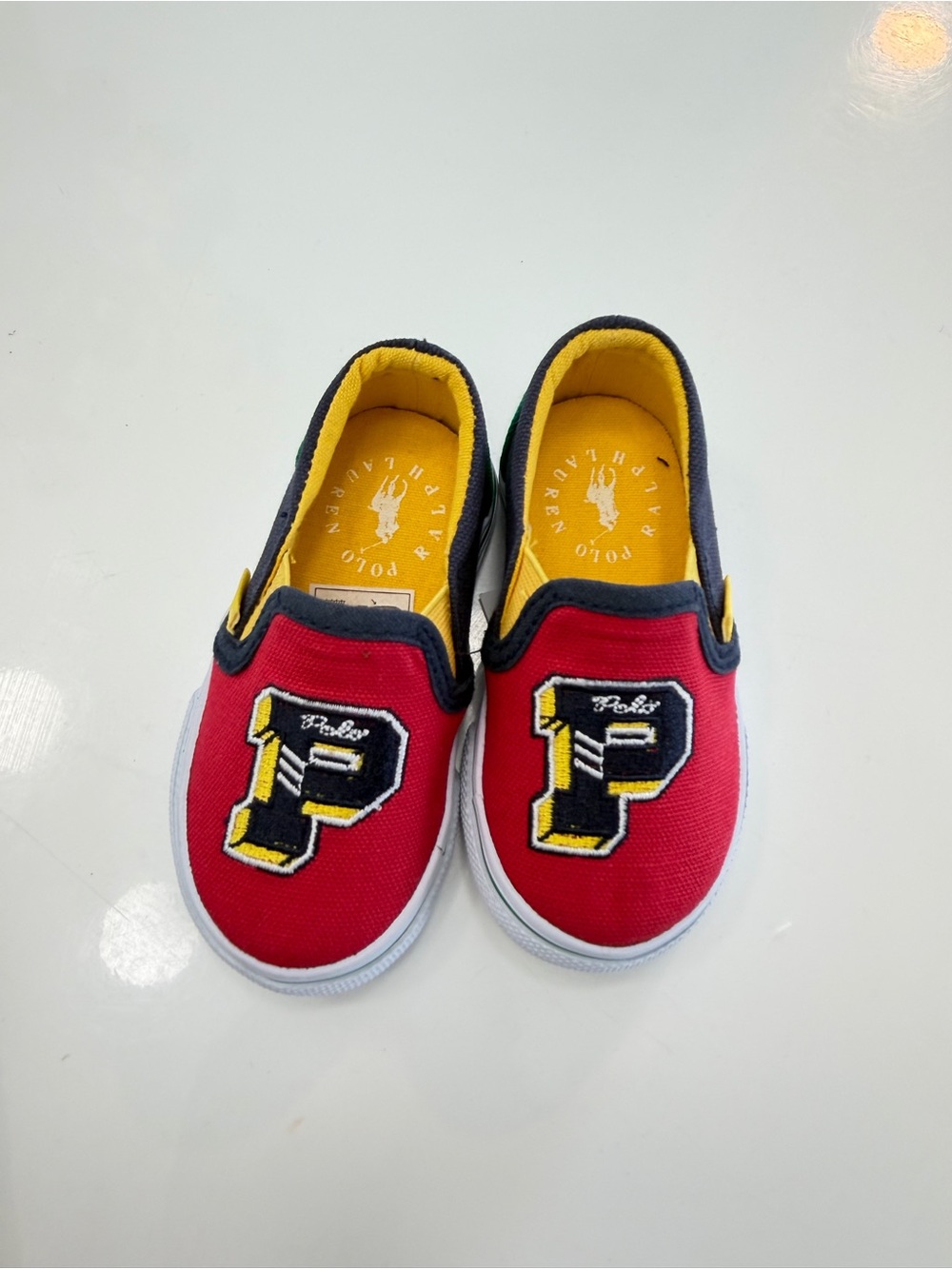 Polo by Ralph Lauren Red Slip-On Kids Sneakers with Yellow Accents